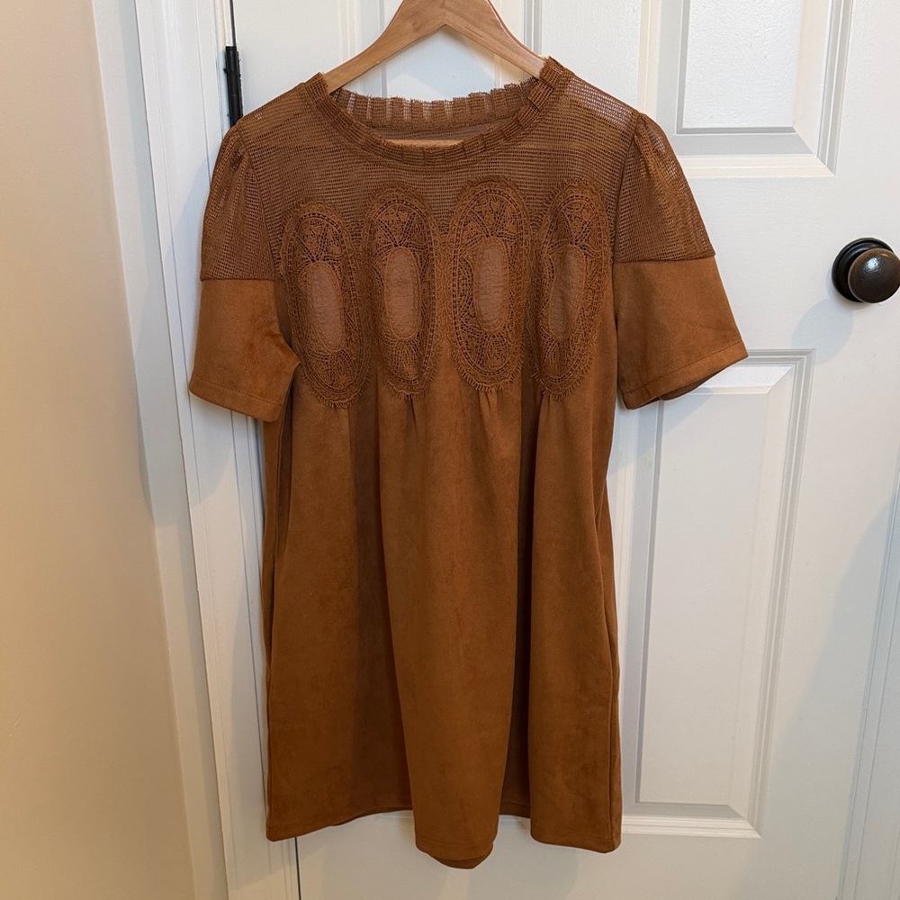 Suede Brown Lace Detail Dress